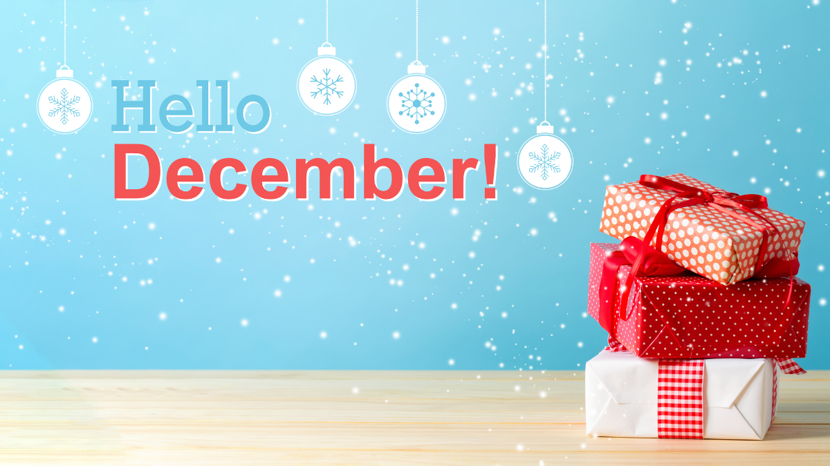 Hello December, with presents and a blue festive background
